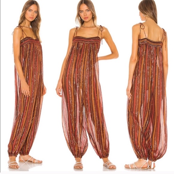 Free People Pants - NWT Free People Harem Lurex Jumpsuit brown gold red sleeveless women’s size S